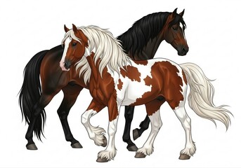 Fototapeta premium Beautiful Pair of Horses Featuring a Majestic Black Stallion and a Colorful Paint Horse in a Stunning Pose
