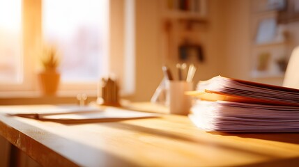 Morning sunlight illuminates a wooden desk surface featuring stacks of documents and office supplies.
