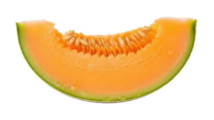 Close-up of a vibrant orange cantaloupe melon slice with its seeds and rind, isolated on a transparent background