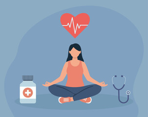 A woman meditates for heart health, balancing wellness practices with modern medicine like pills and check-ups for a holistic approach to wellbeing