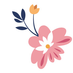 Charming pink flower with navy leaves and tiny yellow bloom, ideal for whimsical or garden themes.


