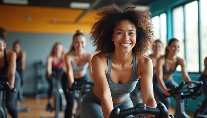 Smiling women ride exercise bikes in gym class. People cycle together indoors, enjoying cardio workout. Diverse group trains in fitness studio.