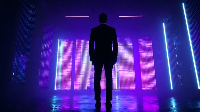 Silhouette of a formally dressed person standing within a futuristic environment illuminated by vibrant neon lights