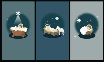 Minimalist Baby Jesus in Manger Nativity Set &mdash; Modern Christmas Illustration. A peaceful nativity set featuring baby Jesus in the manger under the star of Bethlehem. Modern Christmas design