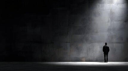 Fototapeta premium Solitary figure stands illuminated by harsh overhead light against a vast, dark textured wall