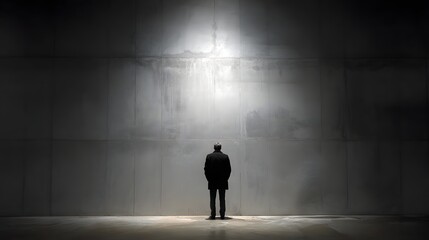 Obraz premium Solitary figure stands before a dramatically lit, vast industrial wall surface