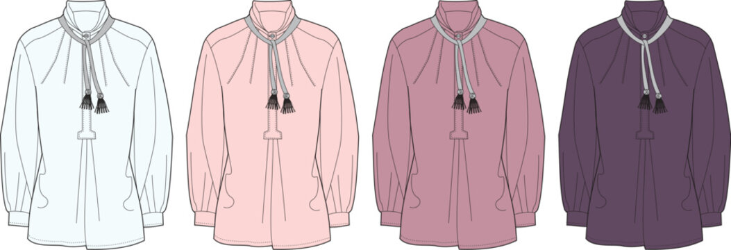 Women's tunic shirt with a mandarin collar and a tassel neck tie, presented as a fashion CAD drawing set in multiple color options