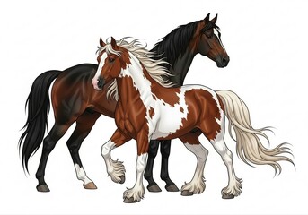 Fototapeta premium Beautiful Artwork Showcasing a Black Horse and a Paint Horse with Flamboyant Manes in a Dynamic Stance