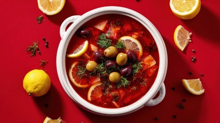 Overhead view of a bowl of vibrant red soup, garnished with lemon slices, olives, and fresh dill