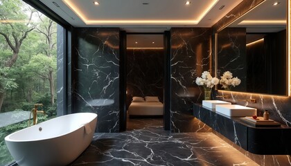 Luxurious modern bathroom with marble walls and floor features freestanding tub. Integrated sinks vanity with mirror lighting. Bedroom visible through doorway.