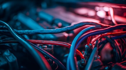 Tightly bundled electrical wires glow under dramatic blue and red illumination in a close up