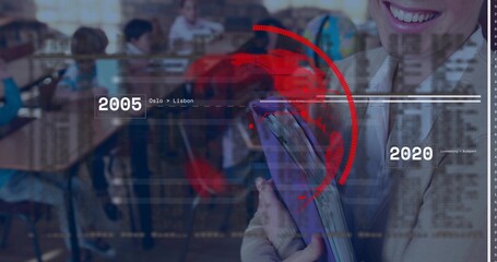 Smiling blazer-clad educator holding tablet at school with globe, showing data overlay, copy space