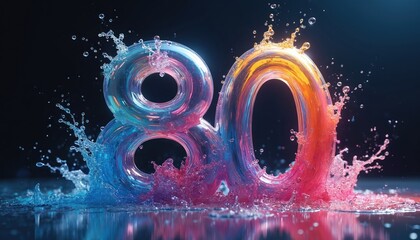 Vibrant number 80 made of colorful liquid splashes. Celebration of 80th birthday or anniversary with water effects. Festive event design element with dynamic splash and bubbles.
