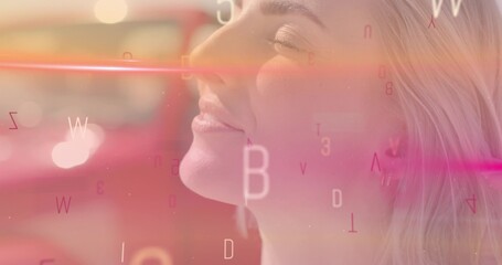 Showing close-up woman tilting head in studio, with floating letters and numbers, copy space