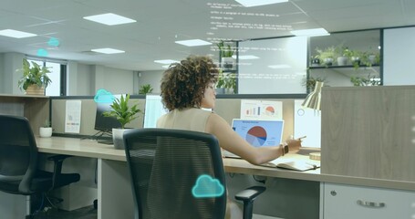 Data analyst in sleeveless blouse reviewing charts on laptop monitors at office, with code overlay