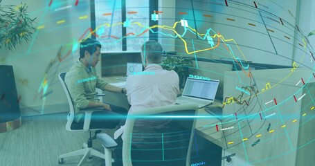Two coworkers in shirts collaborating on laptops in modern office, with holographic globe overlay