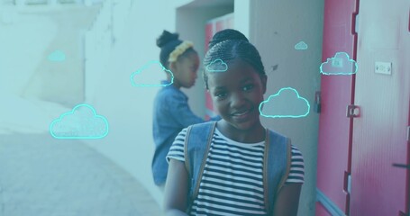 Smiling classmates pausing by red lockers in corridor with denim backpacks, cloud icons, copy space