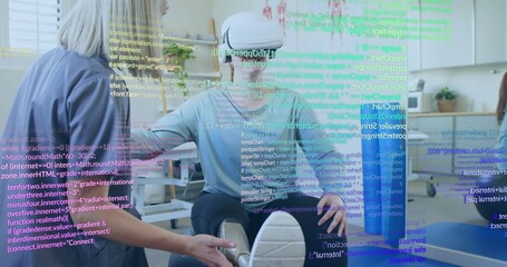 Kneeling therapist in scrubs assisting patient extending leg in rehab clinic, with resistance band
