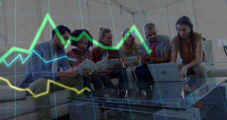 Analyzing data, six professionals using digital devices on sofa in office lounge, with neon graphs