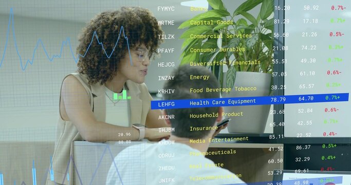 Stock analyst wearing vest reviewing data on laptop and smartphone in office lounge, with overlays