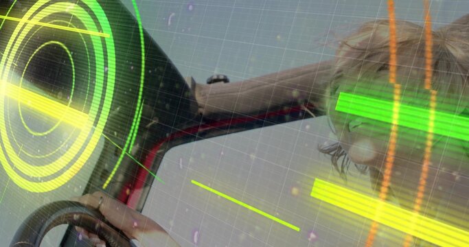 Driving woman driver holding wheel under green HUD overlay in convertible cabin, copy space - Powered by Adobe