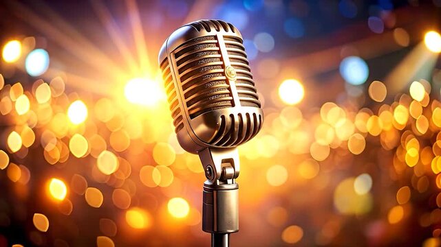 A golden vintage microphone set against a vibrant bokeh background of warm lights