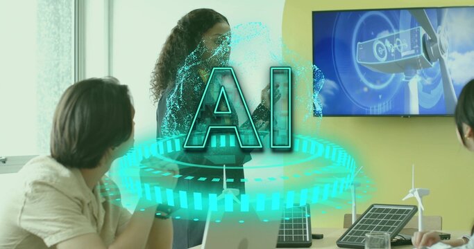 Presenting woman in business casual gesturing toward AI hologram at office, with prototypes