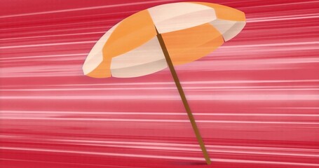 Beach umbrella slanting against abstract red background, with orange white panels and brown pole