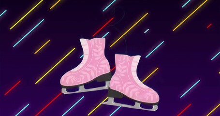 Hanging pair of pink ice skates on thin metal hanger in neon streaked purple backdrop, futuristic