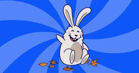 Waving floppy-eared cartoon rabbit smiling against blue spiral backdrop, with orange leaves