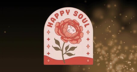 Displaying arched panel featuring red flower face on backdrop, with HAPPY SOUL, diamond sparkles