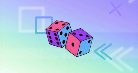 Floating six-sided dice rotating on digital gradient canvas, with square outlines and chevrons