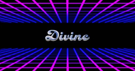 Floating metallic script word Divine hovering in virtual 3D retro grid space, with neon grid lines