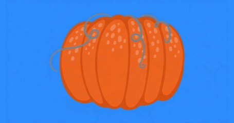Displaying orange pumpkin showing ridges on bright blue canvas, with curly grey vines