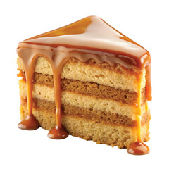 Caramel Drips Down Cake Slice: Thick caramel sauce dripping over layered cake slice, realistic texture and studio lighting, PNG format.