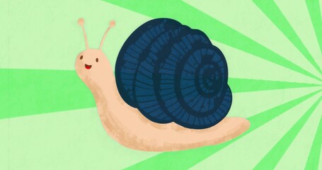Stylized cartoon snail smiling in abstract radial green background, with dark blue spiral shell