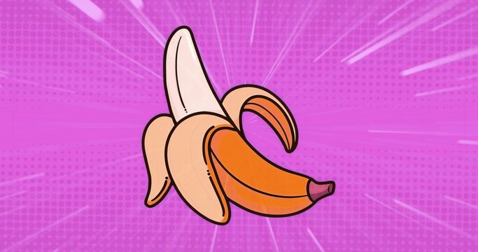 Fototapeta Stylized cartoon peeled banana floating in pop-art backdrop, showing three curling peel segments