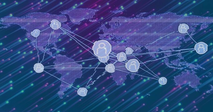 Displaying purple pixel world map in interface, showing arrows, network nodes and neon data streaks