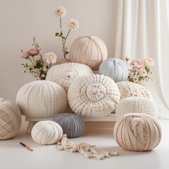 Cozy Home Decor: Collection of Round Knitted Pillows and Floral Arrangements in a Neutral Setting