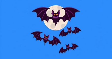 Hovering group of five purple cartoon bats fluttering wings across night sky, full moon silhouette