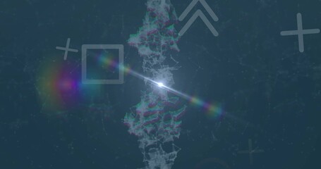 Central vertical glowing network emitting bright rainbow flare on blue interface, with UI icons