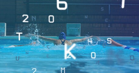 Executing swimmer in swimsuit performing butterfly in pool lane, with goggles, starting blocks