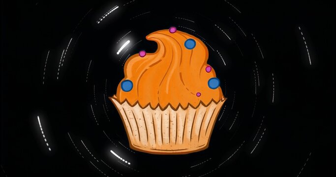 Floating cartoon cupcake drifting in space with orange frosting, blue-pink sprinkles, swirl lines - Powered by Adobe