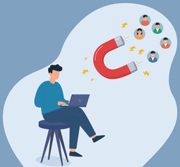 Person on laptop attracts people with a giant magnet, symbolizing digital recruitment, influence, or lead generation in flat vector style