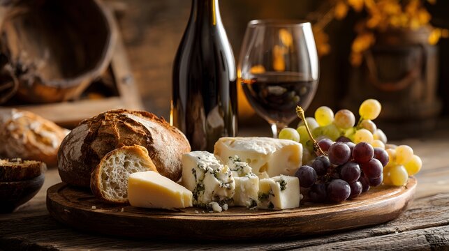 Rustic arrangement of assorted cheeses, crusty bread, fruit, and dark beverage perfectly complements a leisurely gathering