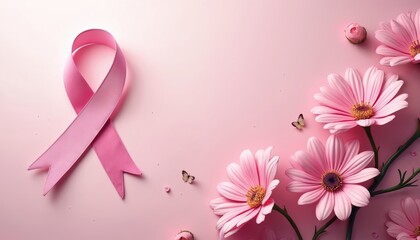 Pink ribbon and flowers symbolize breast cancer awareness month. Support women health care fight against disease. Hope for survivor solidarity and prevention campaigns.