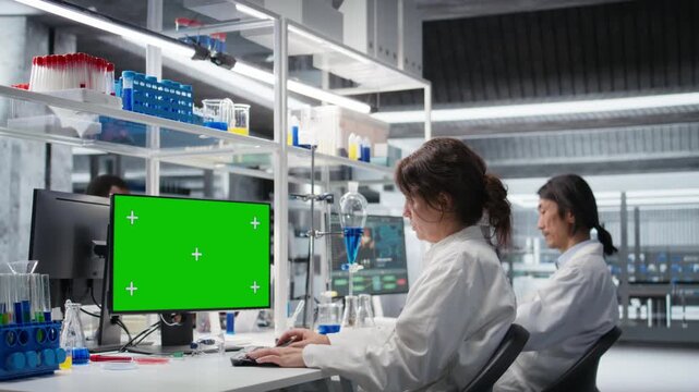 Lab technician at desk typing on green screen PC keyboard, looking at molecular model, doing research tasks. Woman using bioengineering program on mockup computer in medical lab, camera A