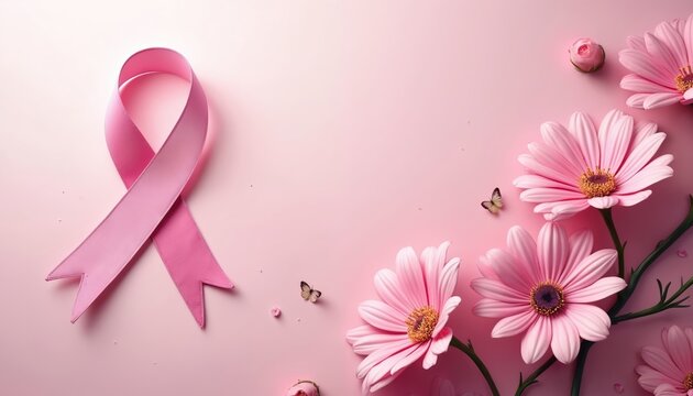 Pink ribbon and flowers symbolize breast cancer awareness month. Support women health care fight against disease. Hope for survivor solidarity and prevention campaigns.