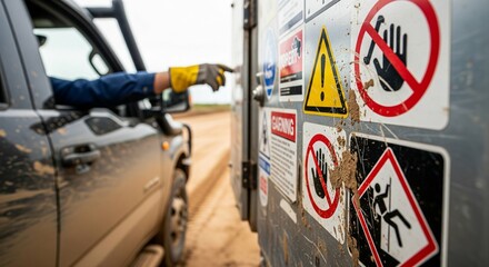 Person in Car Points to Warning Stickers on Vehicle