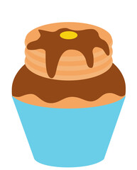 Whimsical cartoon of a cupcake topped with pancakes, syrup, and butter.